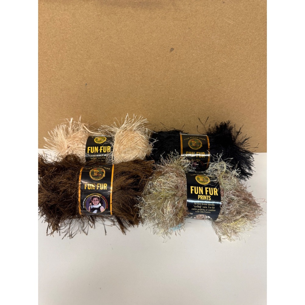 Lion Brand Fun Fur Eyelash Yarn Lot of 4 Black Chocolate Champagne Sand Stone